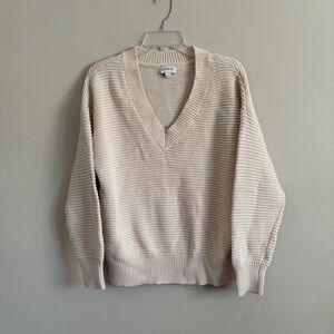 Evereve Women’s Textured Knit Vneck Sweater Large Beige Minimalist Old Money